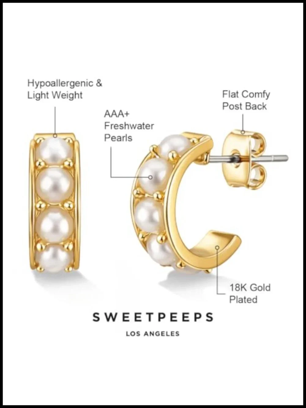 18K Gold Plated Pearl Huggie Hoop Earrings for Women, Hypoallergenic Small Hoop
